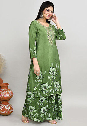 Digital Printed Crepe Silk Pakistani Suit in Green