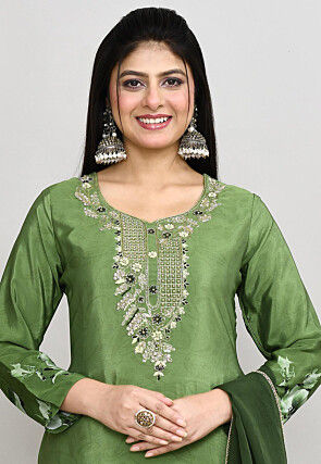 Digital Printed Crepe Silk Pakistani Suit in Green