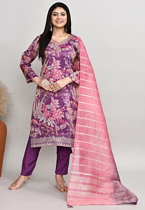 Digital Printed Crepe Silk Pakistani Suit in Purple