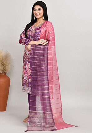 Digital Printed Crepe Silk Pakistani Suit in Purple