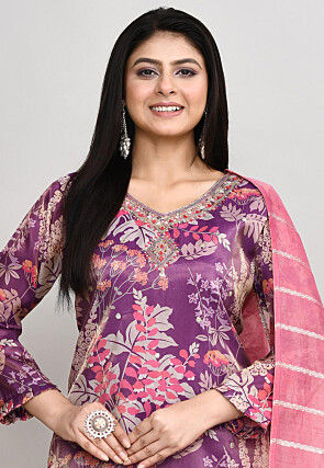 Digital Printed Crepe Silk Pakistani Suit in Purple