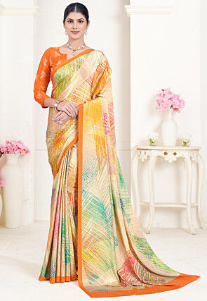 Digital Printed Crepe Silk Saree in Beige & Multicolor