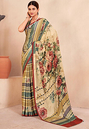 Digital Printed Crepe Silk Saree in Beige