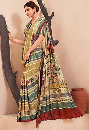 Digital Printed Crepe Silk Saree in Beige