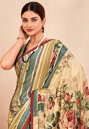 Digital Printed Crepe Silk Saree in Beige