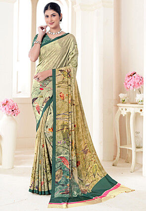 Digital Printed Crepe Silk Saree in Beige