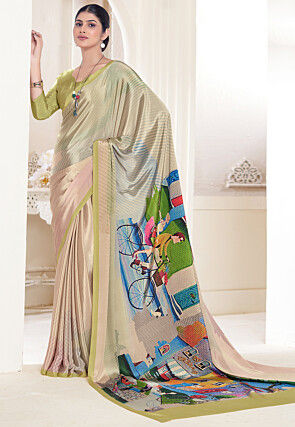 Digital Printed Crepe Silk Saree in Beige
