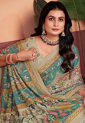 Digital Printed Crepe Silk Saree in Beige