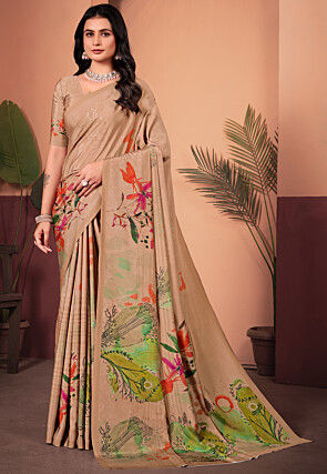 Digital Printed Crepe Silk Saree in Beige