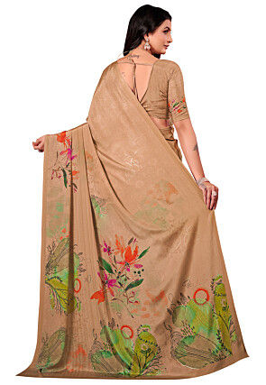 Digital Printed Crepe Silk Saree in Beige
