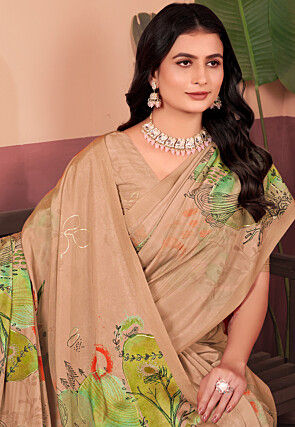 Digital Printed Crepe Silk Saree in Beige