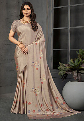 Digital Printed Crepe Silk Saree in Beige