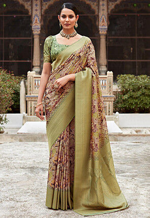 Digital Printed Crepe Silk Saree in Beige