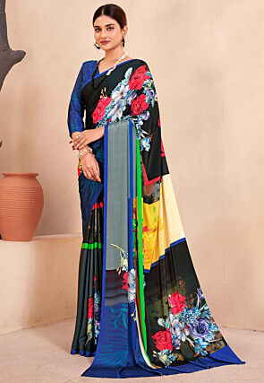 Digital Printed Crepe Silk Saree in Black and Multicolor