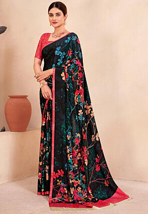 Digital Printed Crepe Silk Saree in Black and Multicolor