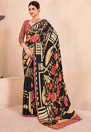 Digital Printed Crepe Silk Saree in Black