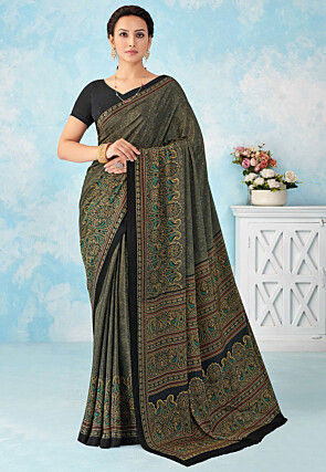 Digital Printed Crepe Silk Saree in Black