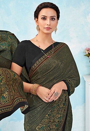 Digital Printed Crepe Silk Saree in Black