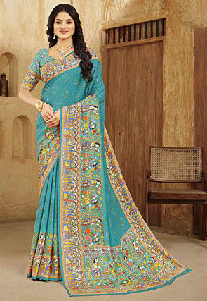 Digital Printed Crepe Silk Saree in Blue