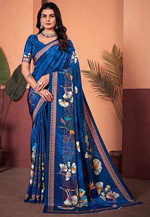 Digital Printed Crepe Silk Saree in Blue