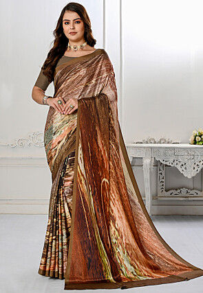 Digital Printed Crepe Silk Saree in Brown