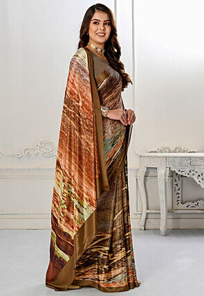 Digital Printed Crepe Silk Saree in Brown