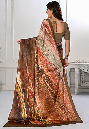 Digital Printed Crepe Silk Saree in Brown