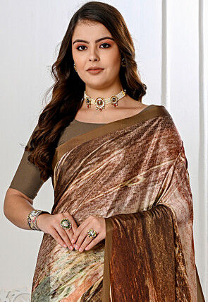 Digital Printed Crepe Silk Saree in Brown
