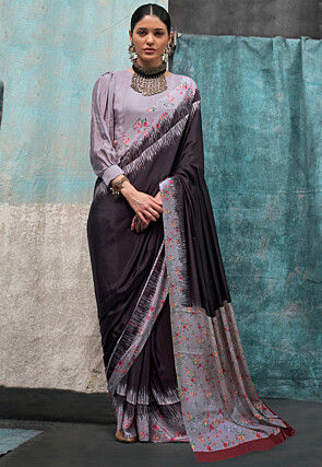 Digital Printed Crepe Silk Saree in Brown