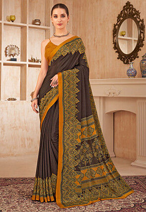 Digital Printed Crepe Silk Saree in Brown