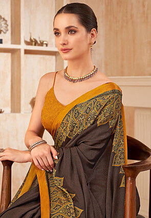 Digital Printed Crepe Silk Saree in Brown