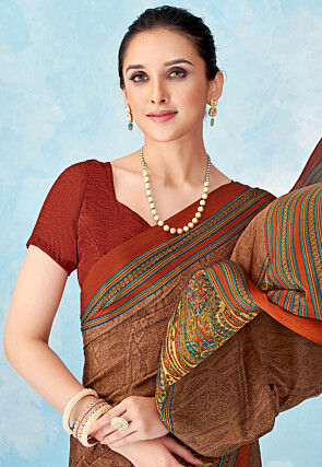 Digital Printed Crepe Silk Saree in Brown