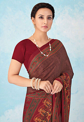 Digital Printed Crepe Silk Saree in Brown