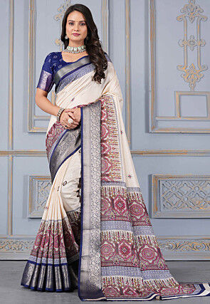Digital Printed Crepe Silk Saree in Cream