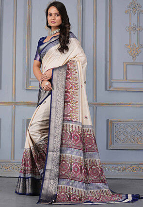 Digital Printed Crepe Silk Saree in Cream