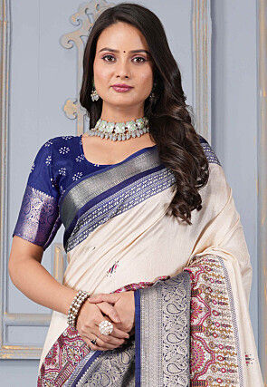 Digital Printed Crepe Silk Saree in Cream