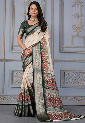 Digital Printed Crepe Silk Saree in Cream