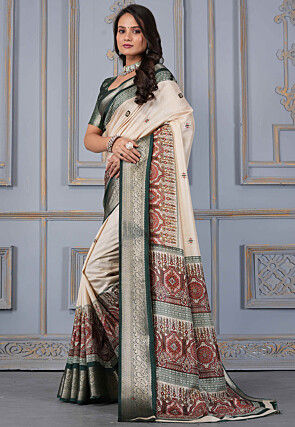 Digital Printed Crepe Silk Saree in Cream