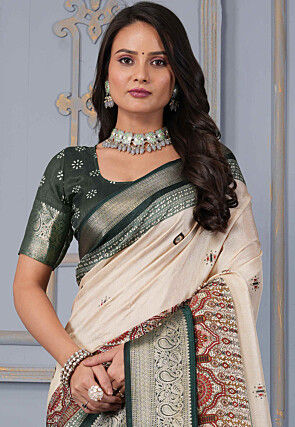 Digital Printed Crepe Silk Saree in Cream