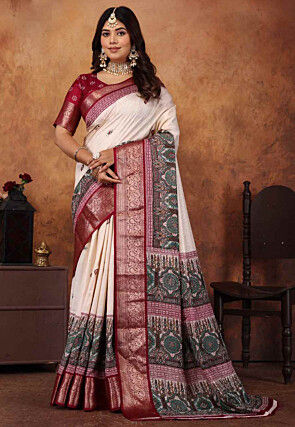 Digital Printed Crepe Silk Saree in Cream
