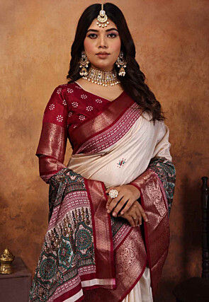 Digital Printed Crepe Silk Saree in Cream