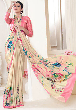 Digital Printed Crepe Silk Saree in Cream