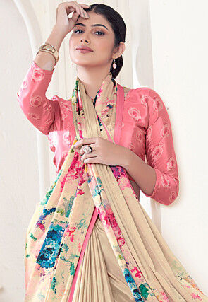 Digital Printed Crepe Silk Saree in Cream