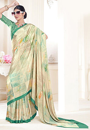 Digital Printed Crepe Silk Saree in Cream