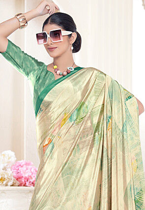 Digital Printed Crepe Silk Saree in Cream