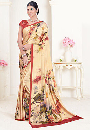 Digital Printed Crepe Silk Saree in Cream