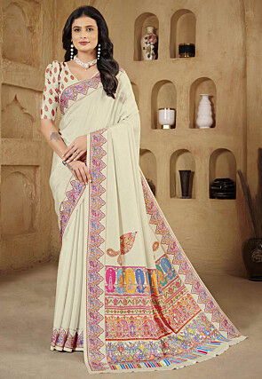 Digital Printed Crepe Silk Saree in Cream
