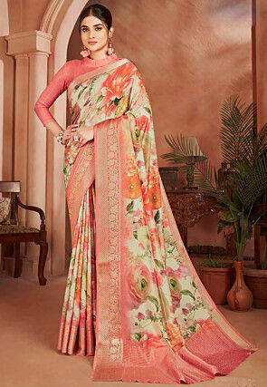 Digital Printed Crepe Silk Saree in Cream
