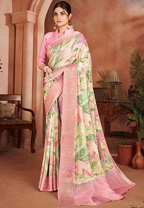 Digital Printed Crepe Silk Saree in Cream