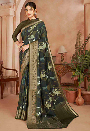Digital Printed Crepe Silk Saree in Dark Olive Green